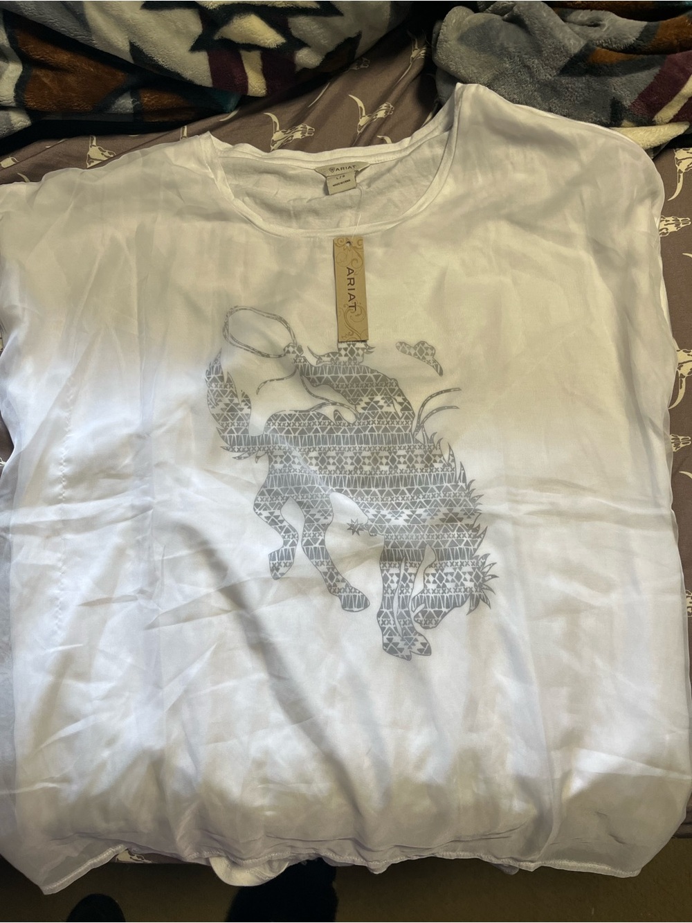 Ariat White Tee with Patterned Bucking Bronco Graphic